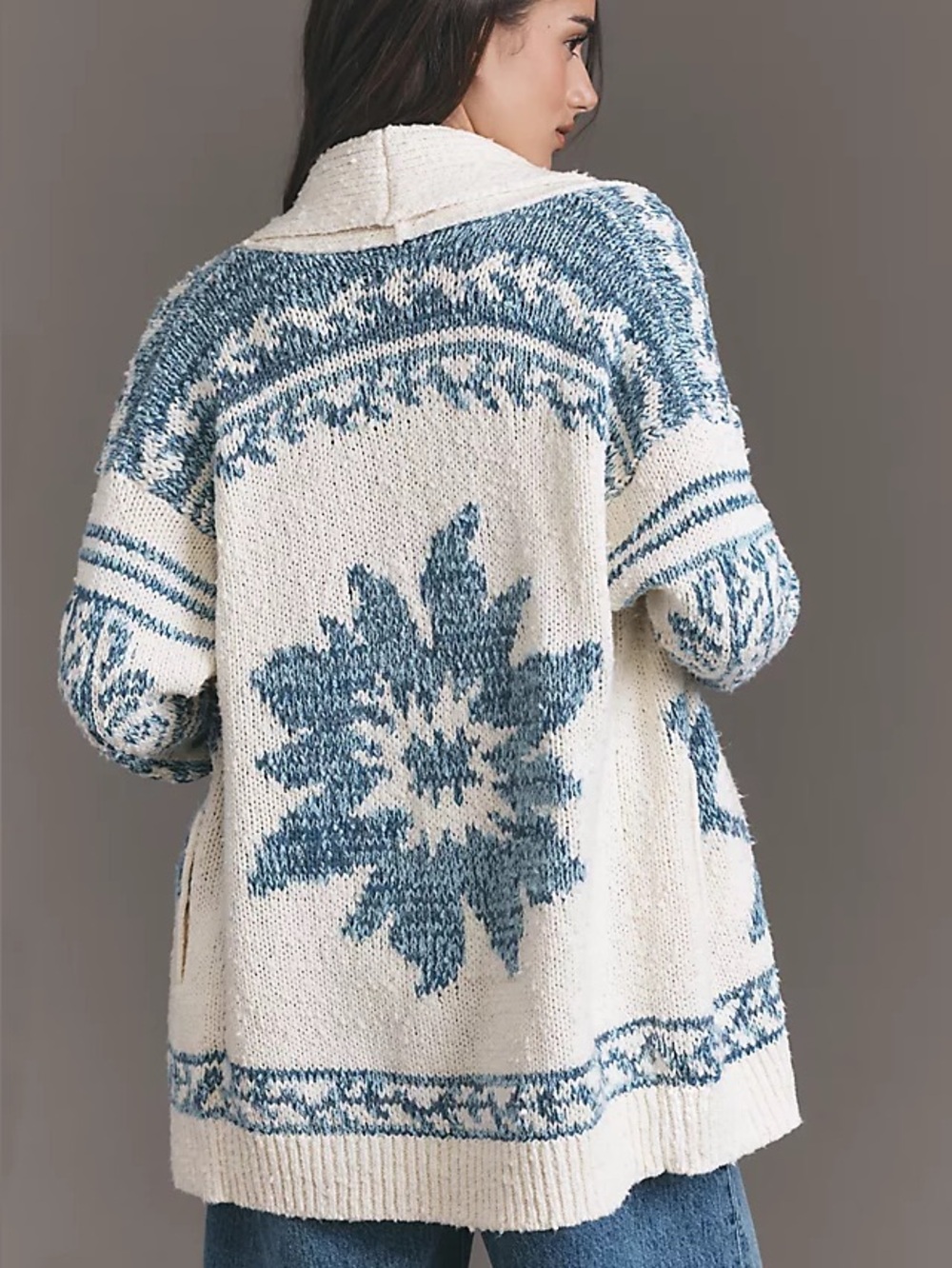 Pilcro Cream Blue Floral Instarsia Knit Shawl-Collar Open Bohemian Cardigan L/XL